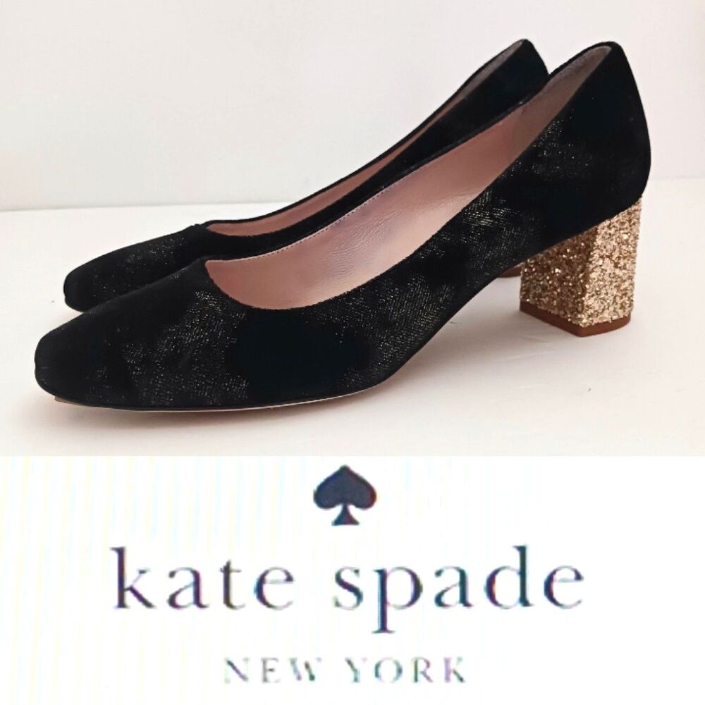 NWT Kate Spade NY Dolores Too Blk Velvet Pump Gold Sparkle Block Heel Italy 7M